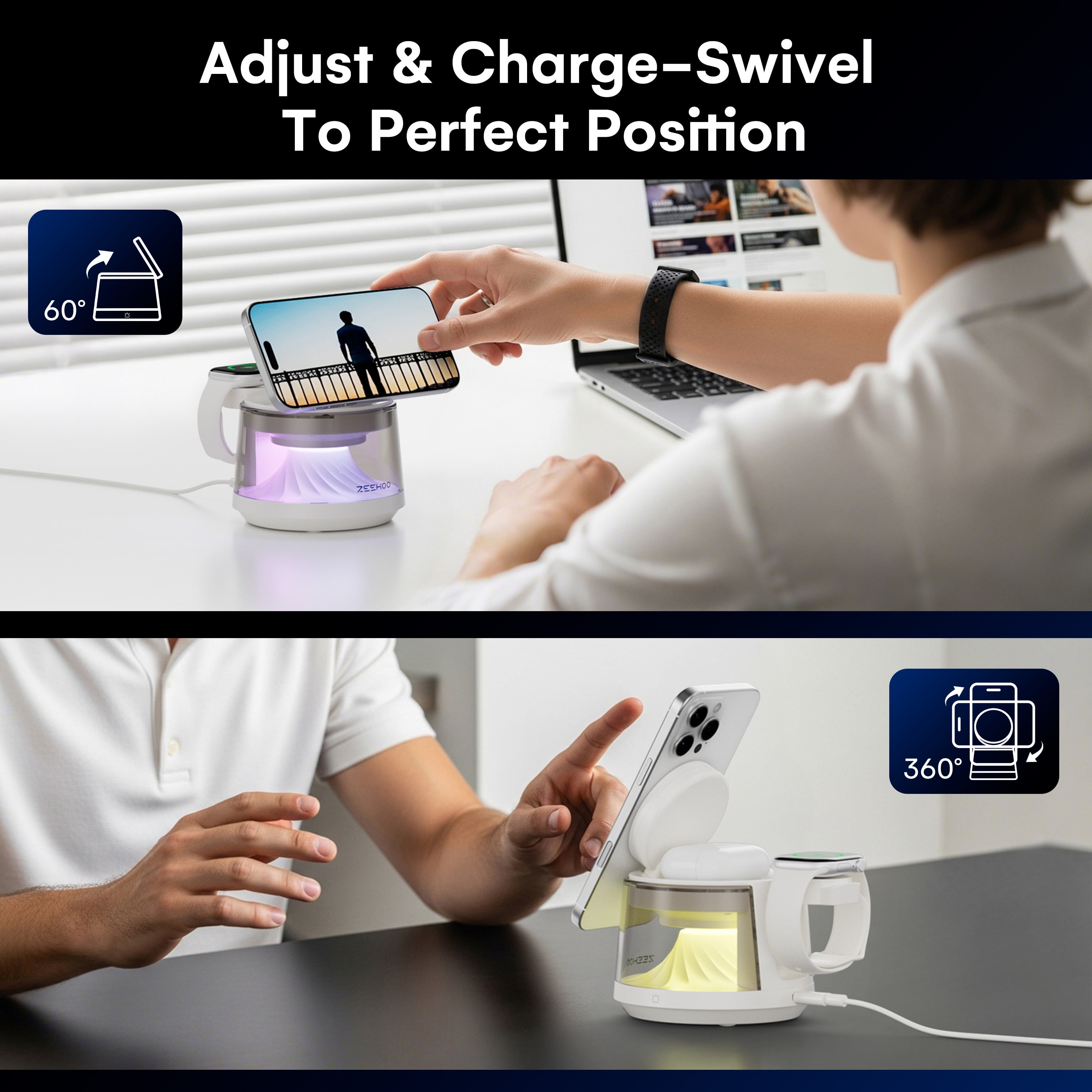 ZEEHOO 4-in-1 Wireless Charging Station with LED Night Light, 15W Fast Wireless Charger Dock for iPhone, AirPods & Apple Watch, Multi-Mode RGB Lamp, Magnetic Charging Stand for Desk & Bedside