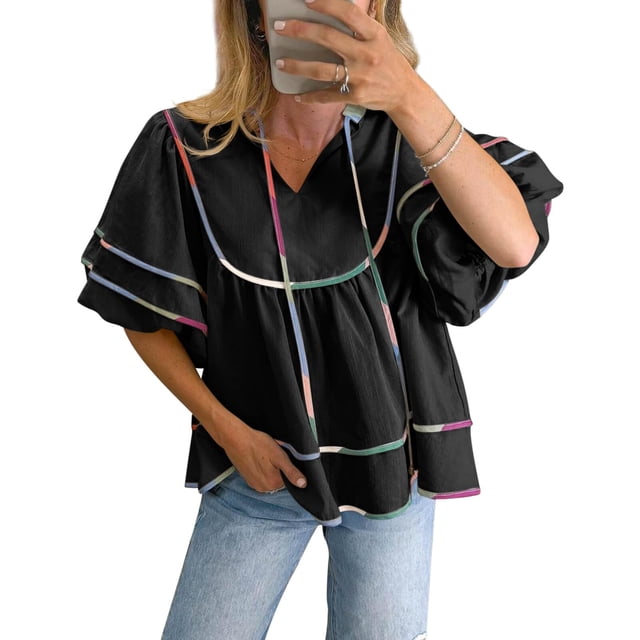 Peplum Babydoll Tops Cicy Bell para mujer, cuello en V, manga linterna
