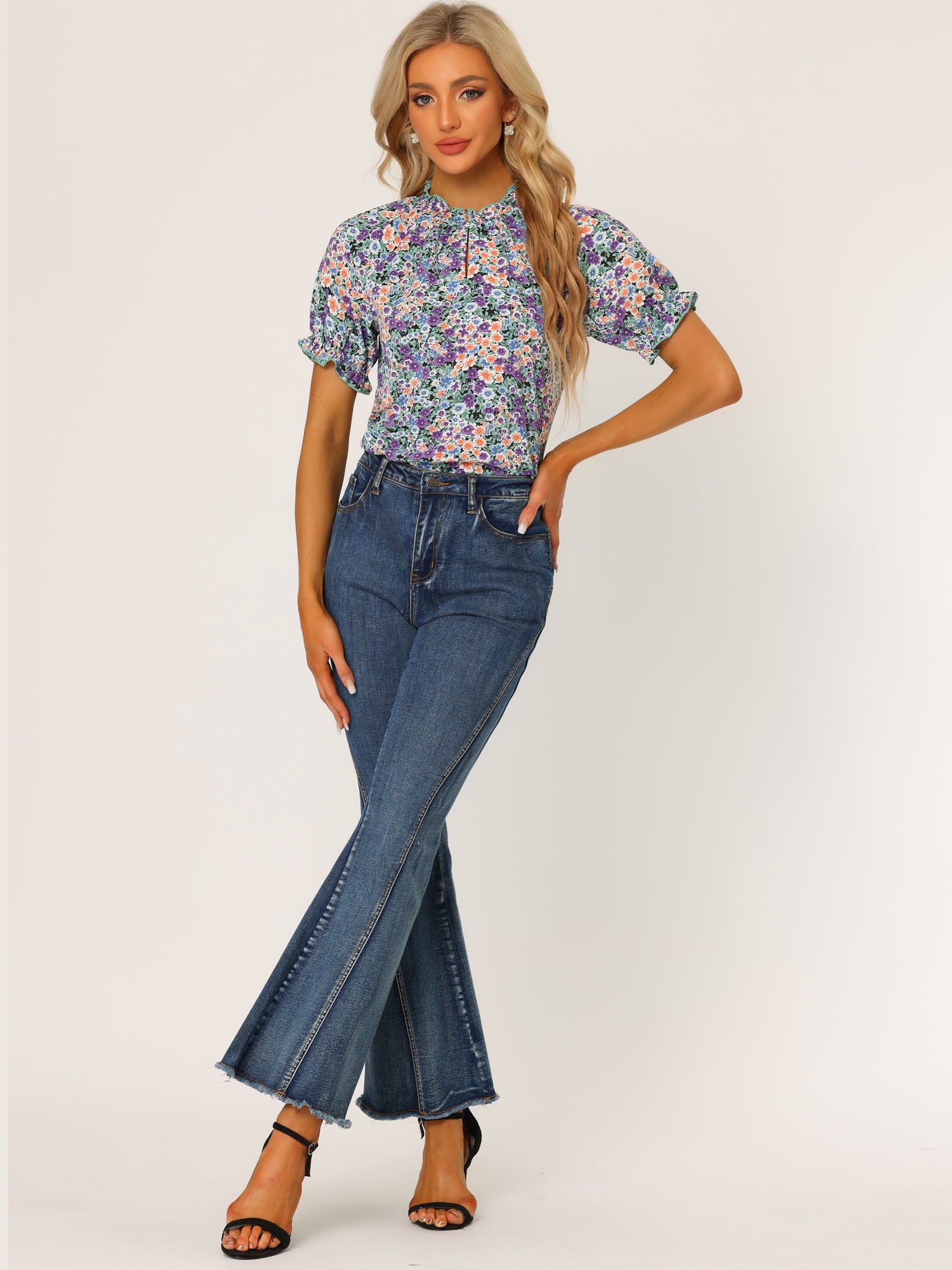DARING DIVA Women's Floral Ruffled Neck Short Sleeves Top Blouse L Black Purple