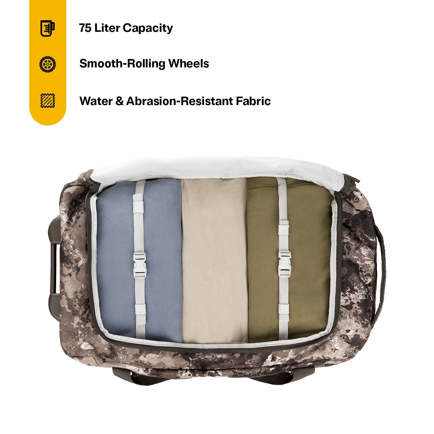 RTIC Road Trip Rolling Duffle Bag, Large, Water Resistant and Wheeled, Olive Midnight Camo
