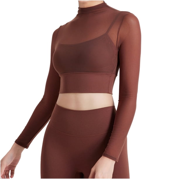 Traje de yoga de malla para mujer: top deportivo de manga larga con relleno en el pecho, secado rápido, ideal para correr o hacer yoga.