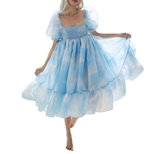 Women Summer Puffy Tulle Princess Dress Solid Color Square Neck Short Sleeve Ruffle Hem A-Line Dress Plus Size
