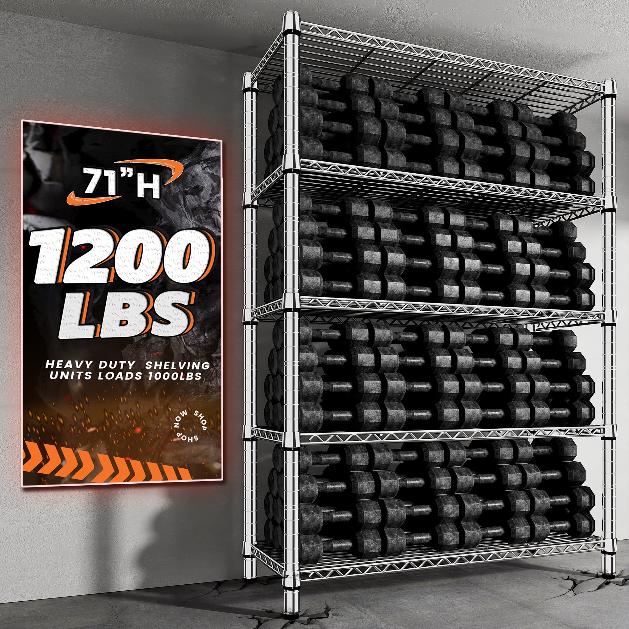 REIBII 5-Tier Storage Shelves Wire Shelving Unit Loads 1200lbs,35.5"Wx71"Hx14"D Heavy Duty Adjustable Storage Rack for Garage,Pantry Shelf,Kitchen Shelving,Chrome