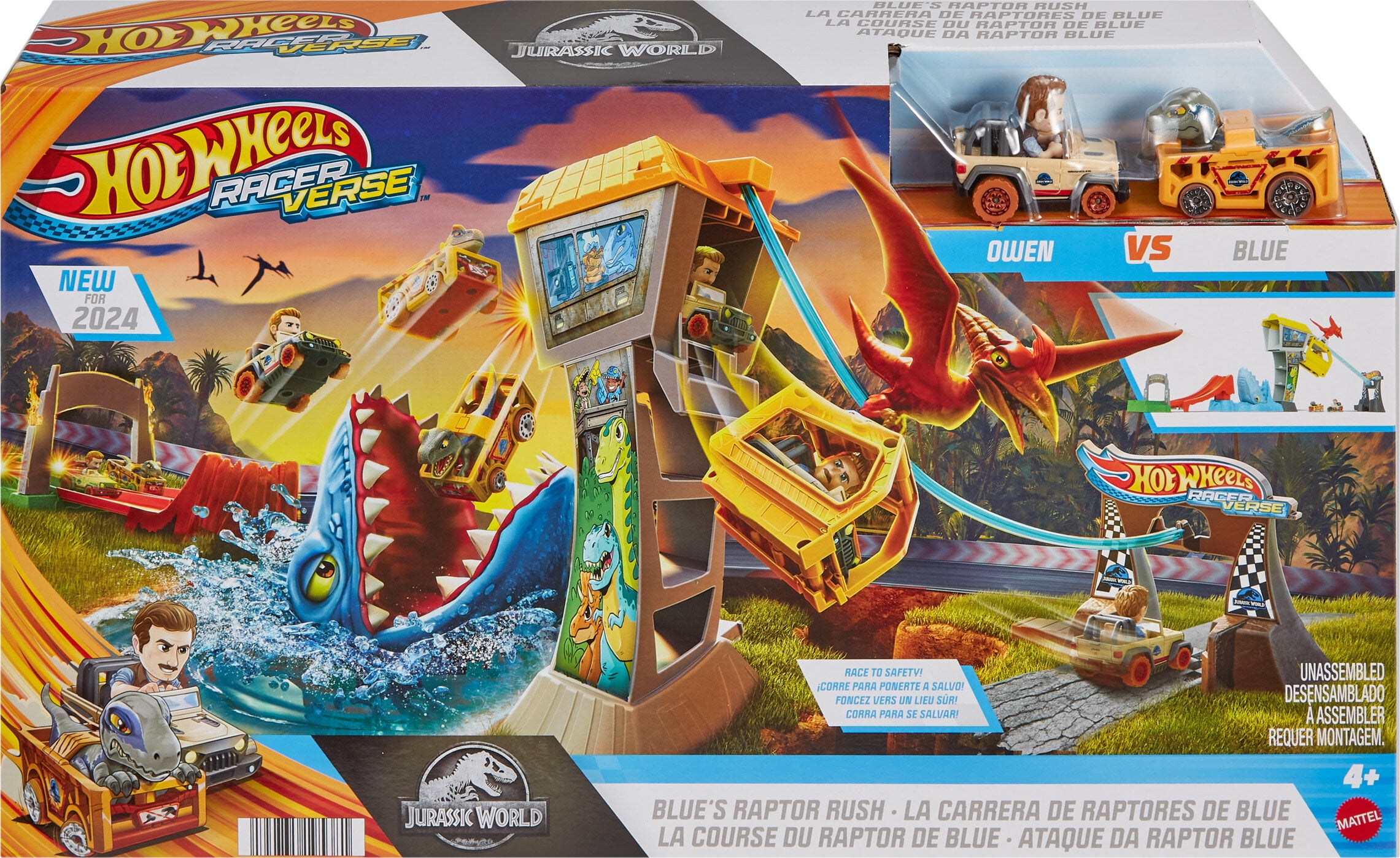 Hot Wheels Racer Verse Jurassic World Blue’s Raptor Rush Track Vehicle Playsets, 3 Pieces