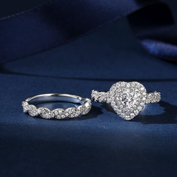 Brig Jewelry 1.5 Ct Heart Cut Moissanite Ring - 14K White Gold Plated Heart Halo Stacking Ring - Anniversary Wedding Gift for Her