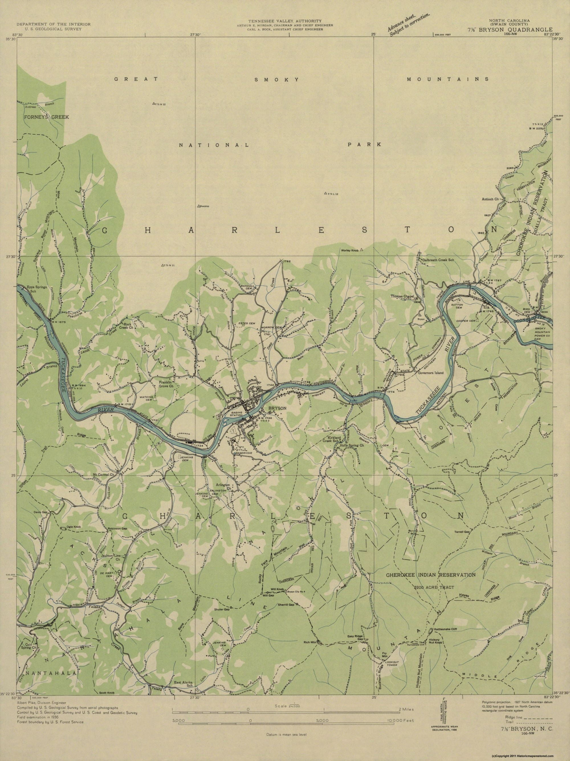 Topo Map Bryson North Carolina Quad USGS 1936 23 x 30.69 Matte