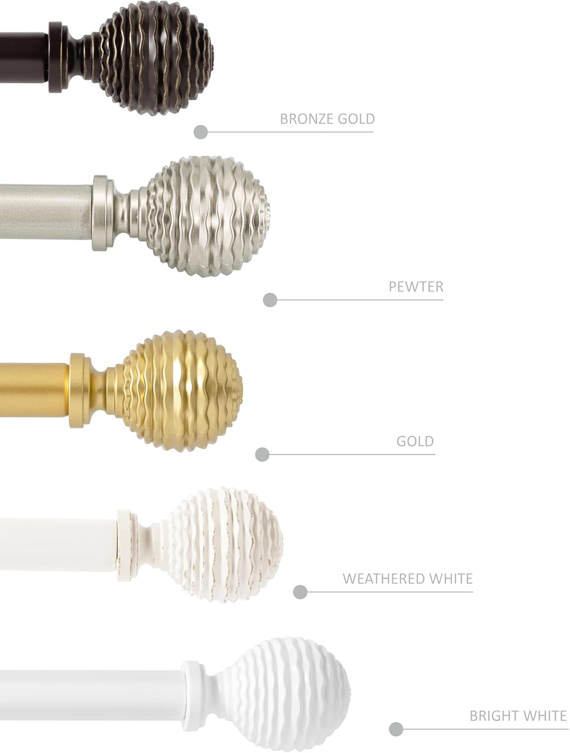 eTeckram 5/8" Single Curtain Rod with Boule Finials,Weathered White,28‘’-48‘’