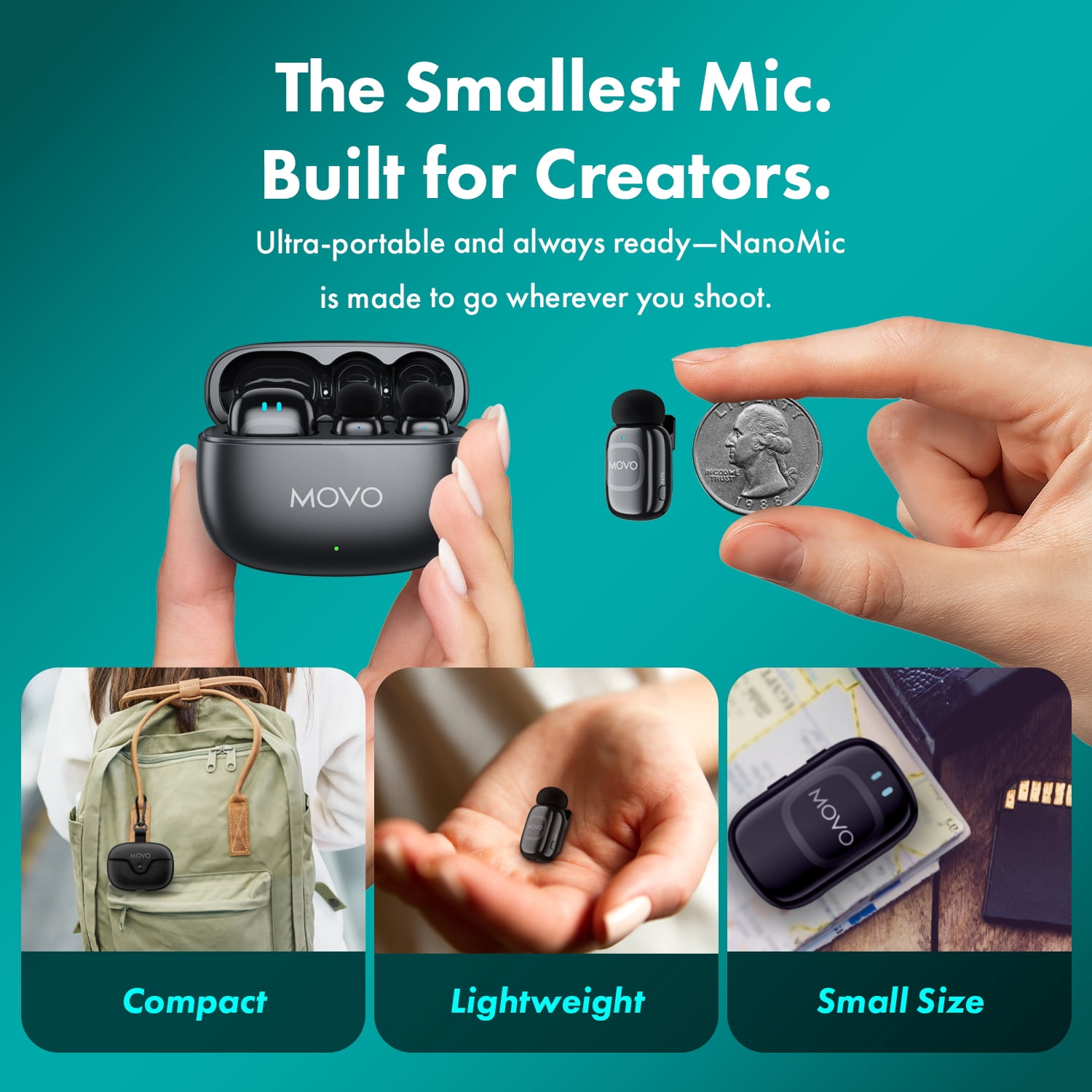 Movo NanoMic Wireless Lavalier Microphone for Camera – Clip-On TRS Wireless Mic System for DSLR, Camcorders, and Mirrorless Cameras – Dual Microphones with Charging Case for Video, Interviews