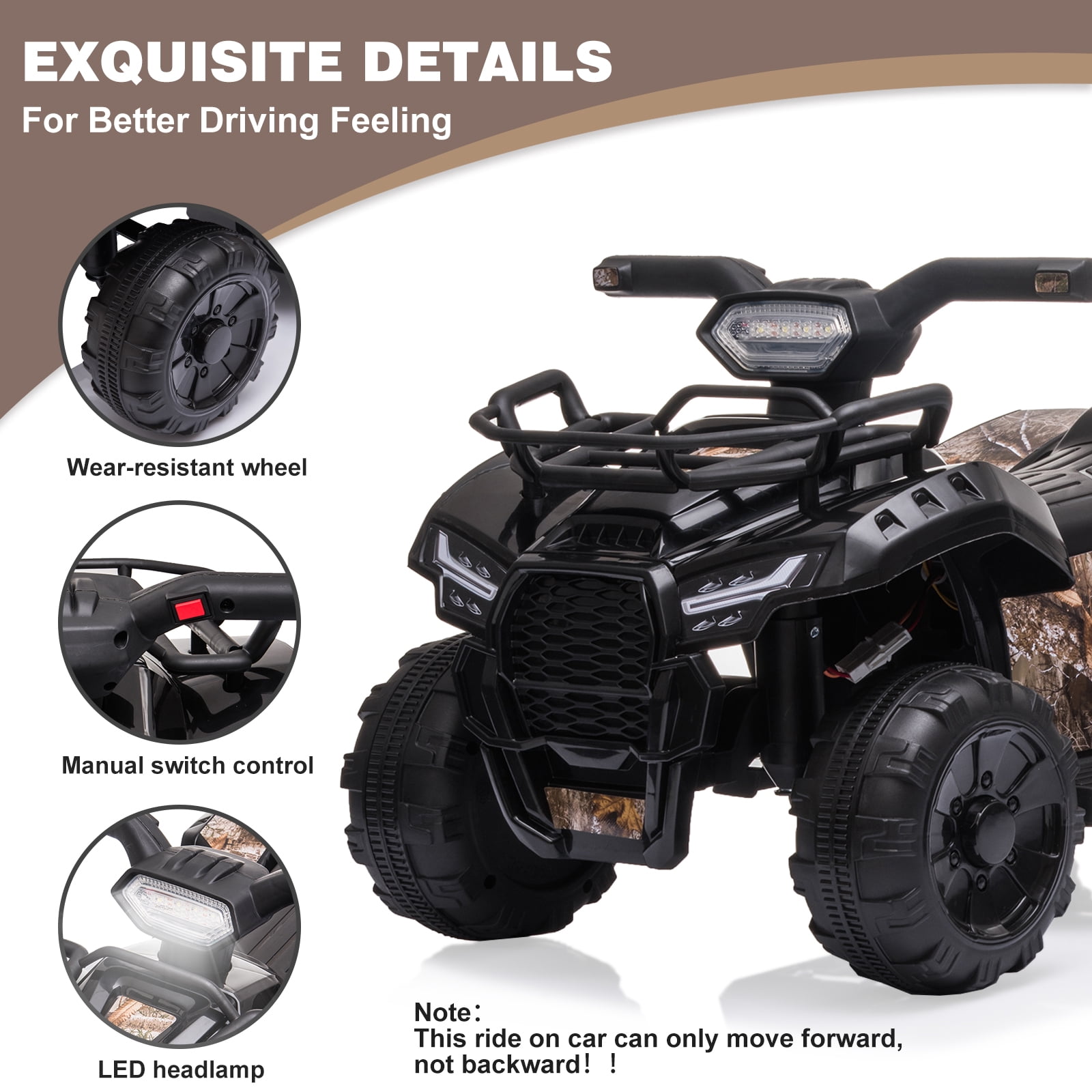 Kids Ride on ATV 6V Battery Powered, 4 Wheeler Electric Vehicle with Horn, MP3, Headlight – Best Gift for 18-36 Months Boys Girls, Adjustable Volume USB Toy Car（Black）