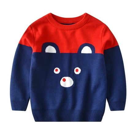 

Fsqjgq Christmas Sweater for Boys Toddler Boys Girls Patchwork Colour Cartoon Bear Print Sweater Long Sleeve Warm Knitted Pullover Knitwear Tops Sweater Construction Sweater for Boy Dark Blue 100
