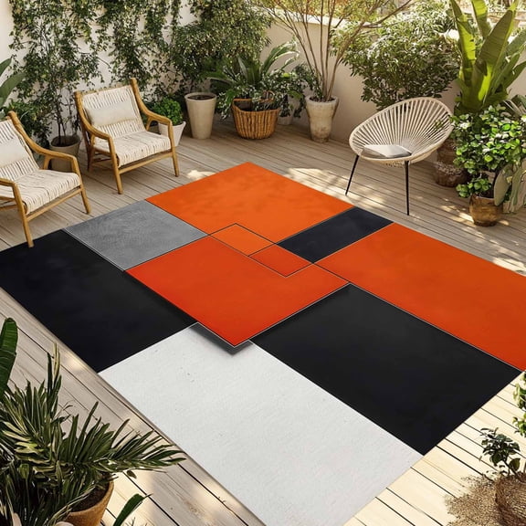 Fsddascl Burnt Orange Black Grey Outdoor Rug for Patio/Deck/Porch, Non-Slip Large Area Rug 4 x 6 Ft, Color Block Geometric Modern Indoor Outdoor Rugs Washable Area Rugs, Camping Rug Carpet