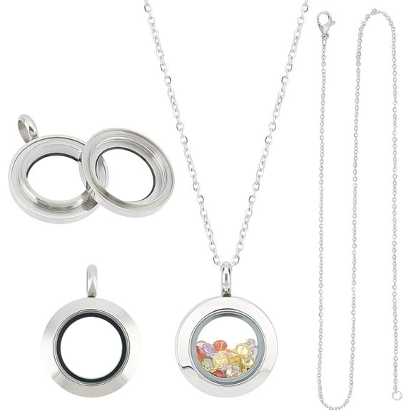 About 2pcs Stainless Steel Floating Locket Pendants Crystal Double Sided Frame Memory Locket Charm Glass Container Memory Flat Round Charm with 450mm Necklace