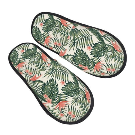 

KLL Palm Trees and Tropical Slippers for Women Men House Slip on Indoor Outdoor Bedroom Furry Fleece Lined Ladies Comfy Anti-Skid Rubber Hard Sole-Large