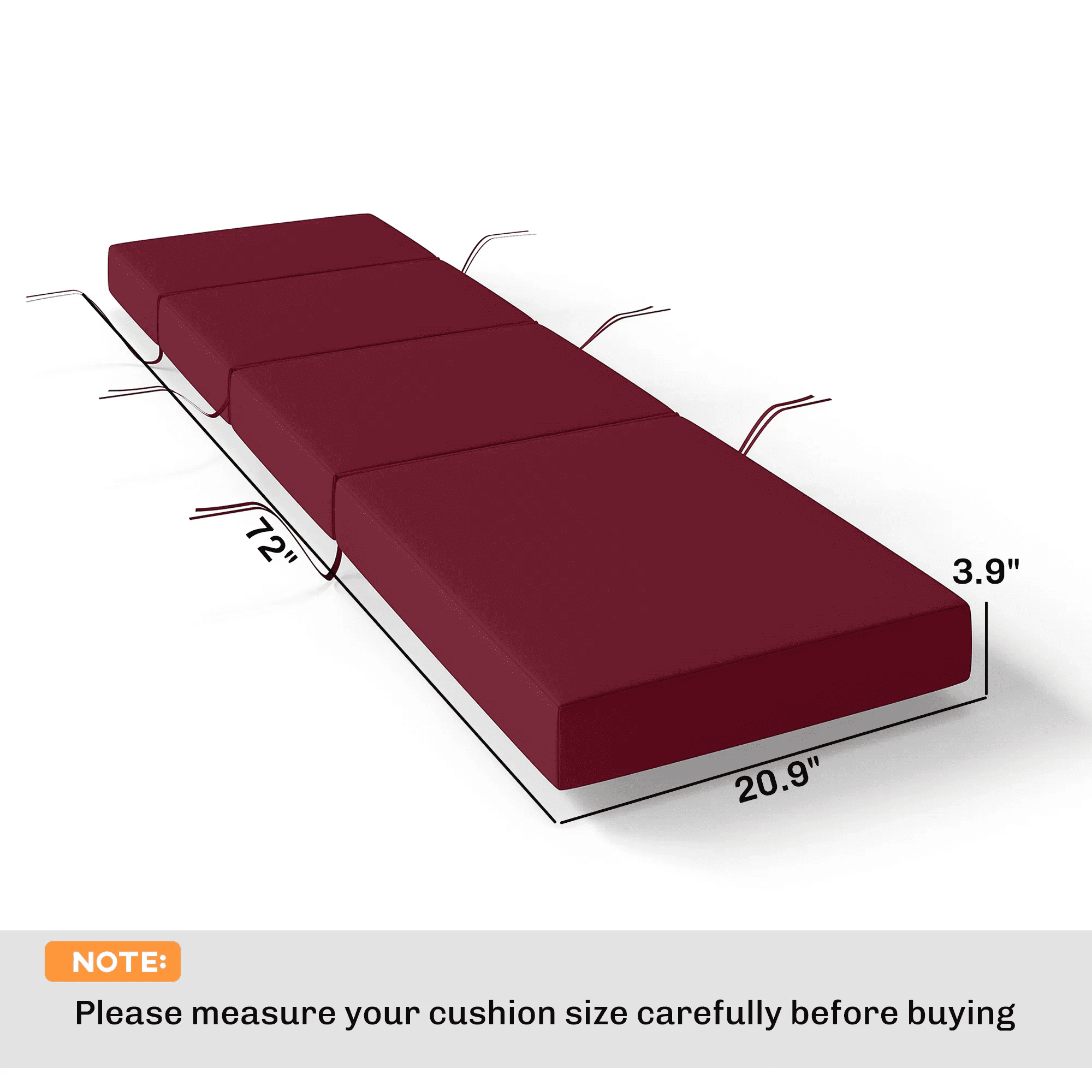 Chaise Lounge Cushion, 3.9" Thick Outdoor Lounge Chair Cushions with Ties for Patio, 21" x 72", Red