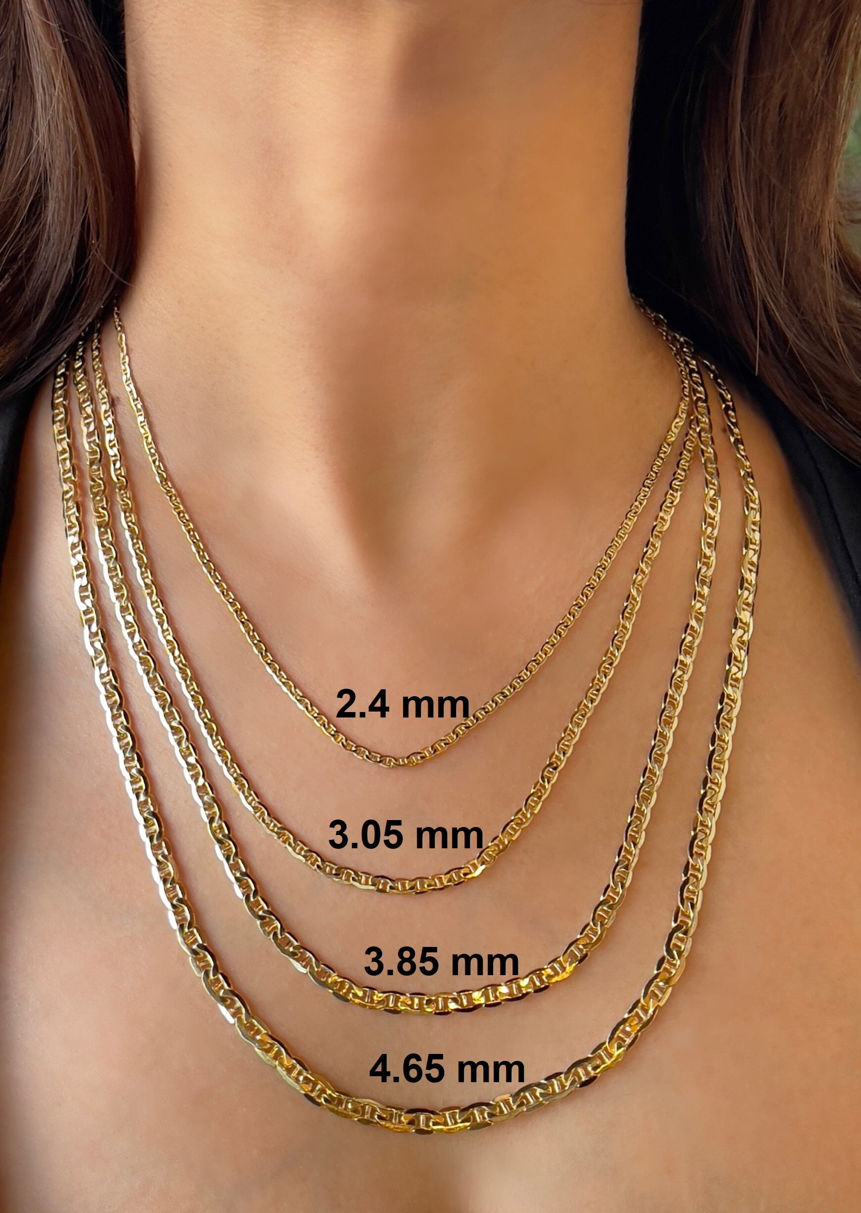 Jewelheart 14 K Yellow Real Gold Flat Mariner Chain 2.4-4.65 mm Thick Diamond Cut Anchor Link Pendant Necklace For Men Women 16"-24"