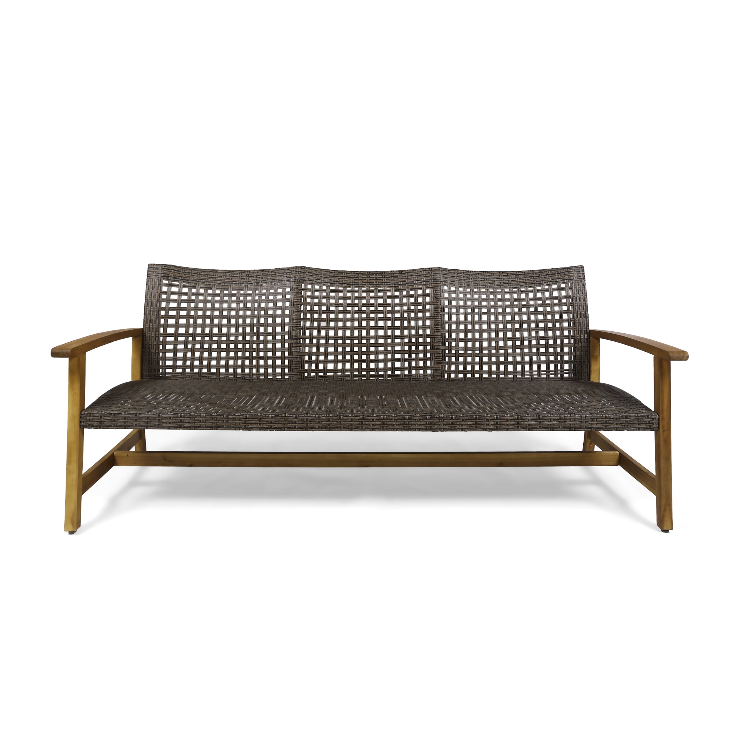 Outdoor Wood Woven Combined 3 Seater Sofa, Large Leisure Couch for Patio Garden, Multi Brown and Gray