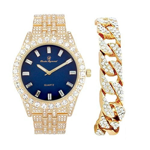 Charles Raymond Mens Blinged out Wristwatch w/ Iced Rolly Hip Hop Bracelet - Big Rhinestones on Trim and Elegant Baguette Time Indicators on Dial - Master Bling Designer - ST10226B (Gold Bright Blue)