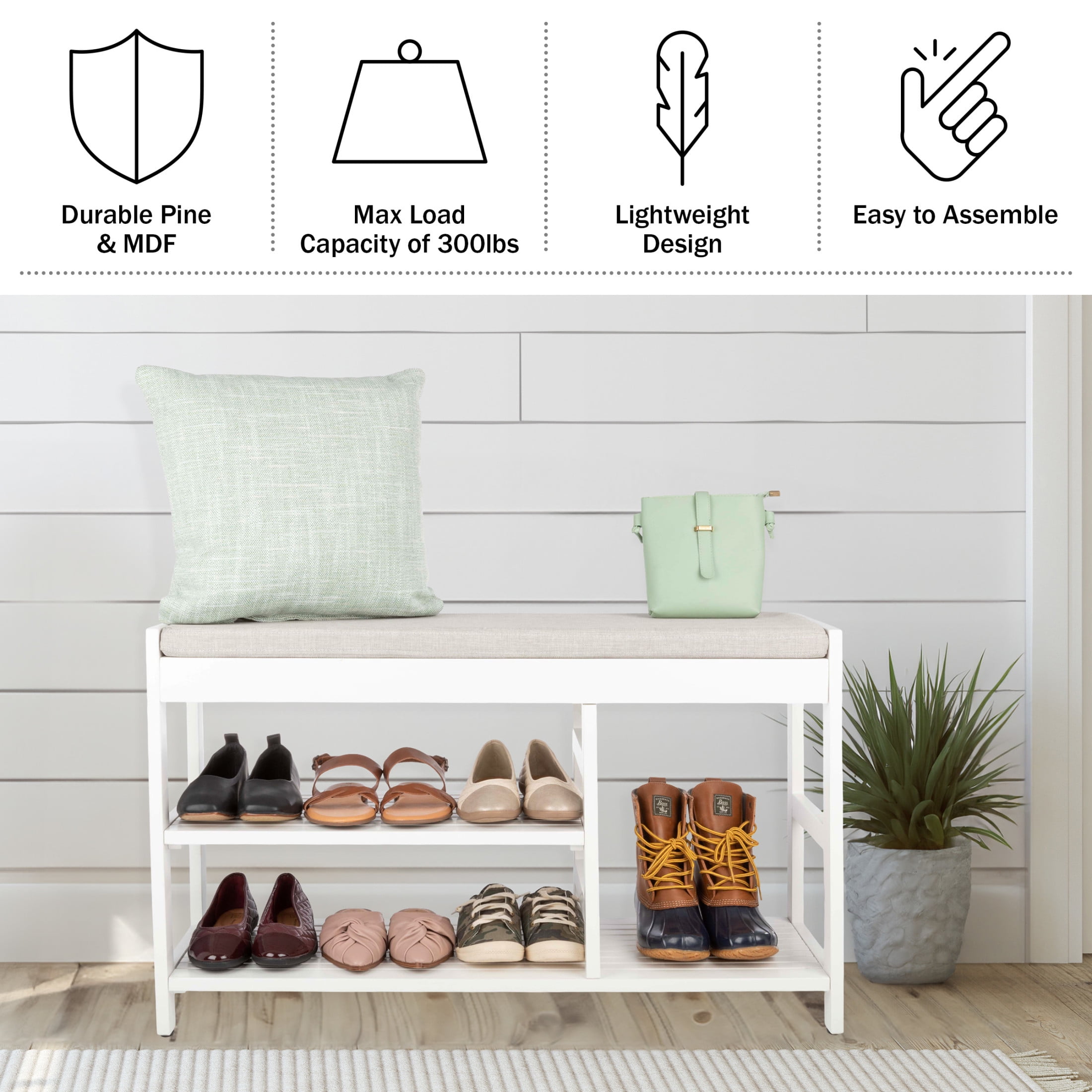 Lavish Home 3-Tier Shoe Bench with Cushioned Seat for Entryway (White)