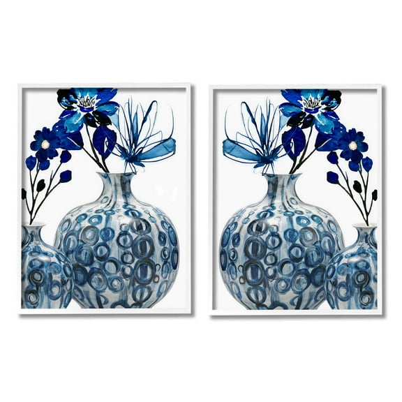 Bold Blue Ikebana Patterned Vase Botanical & Floral Graphic Art White Framed Art Print Wall Art, Set of 2