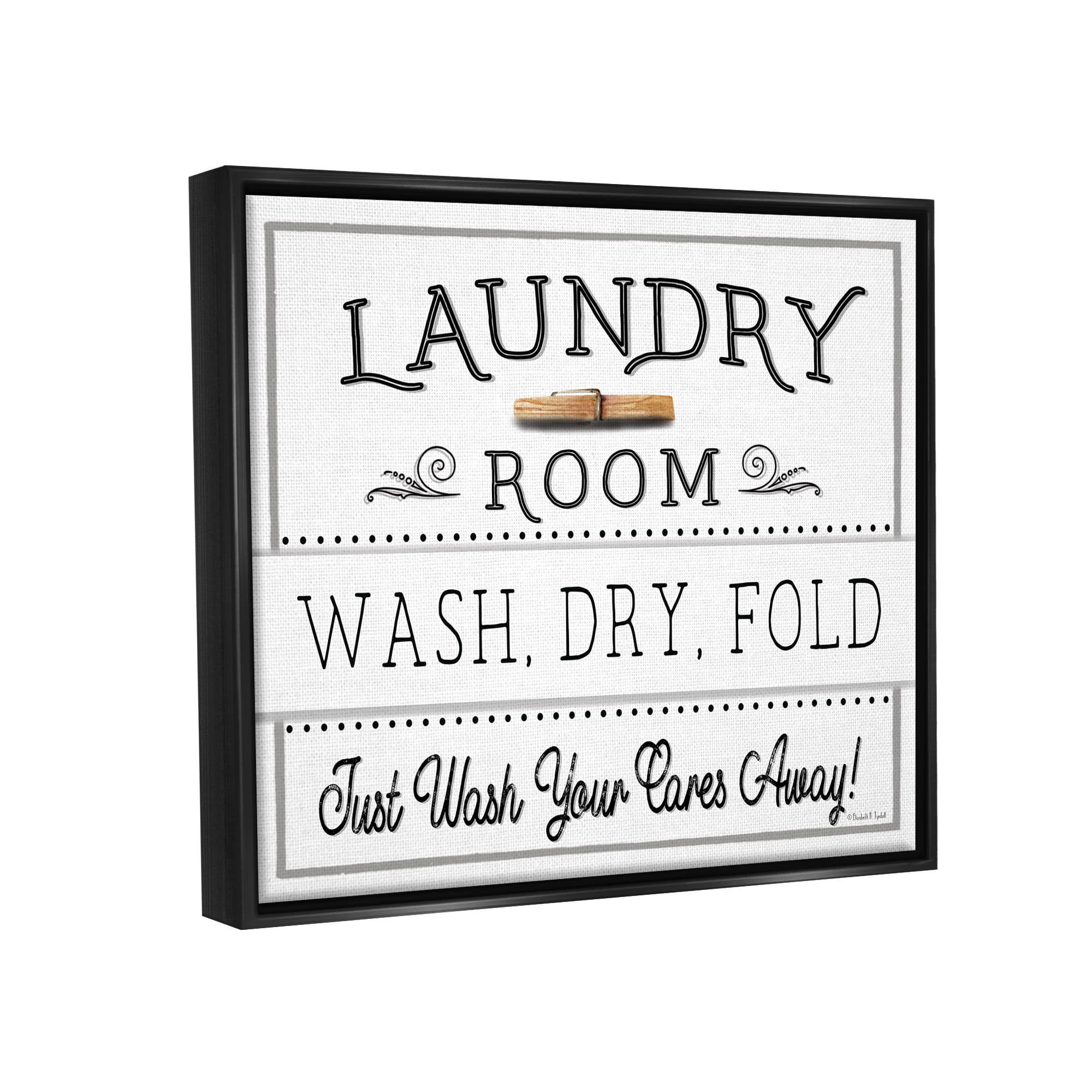 Stupell Industries Wash Cares Away Laundry Typography Painting Black Floater Framed Canvas Art Print Wall Art, 21 x 17