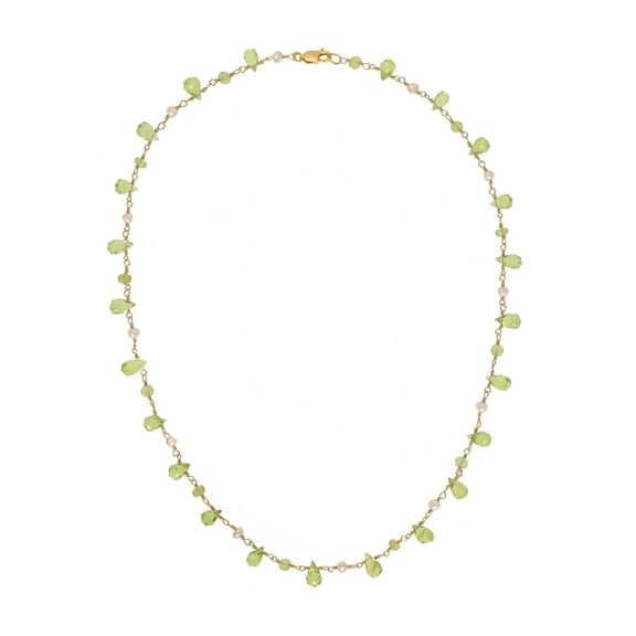 LTC Designs Beautiful Peridot Teardrop Chain Necklace with Alternating White Cultured (2.5-3mm) Freshwater Pearls on Gold-plated Sterling Silver Wire and 14k Gold-filled Lobster Clasp, 18"