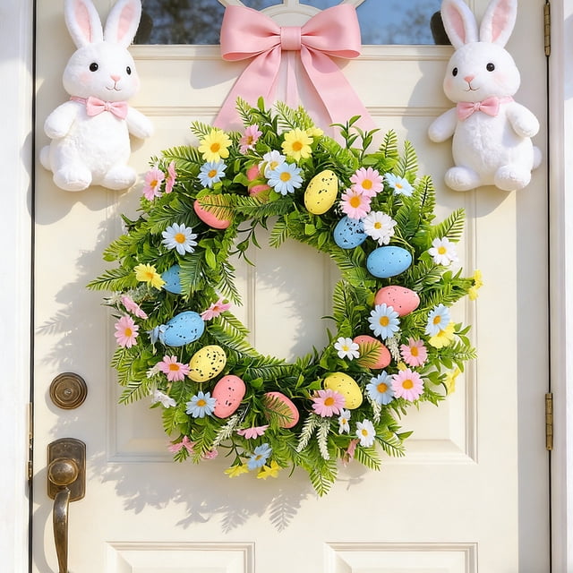 Fwttom Décorations Couronne de Pâques, de Pâques avec Design d'Œuf Coloré, Couronnes de Printemps pour Porte d'Entrée, Patio et Porche, Multicolore