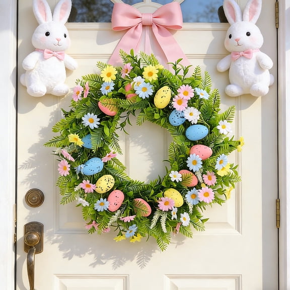 Fwttom Easter Wreath, Easter Decorations with Colored Egg Design, Holiday Spring Wreaths for Front Door, Patio & Porch, Multicolor