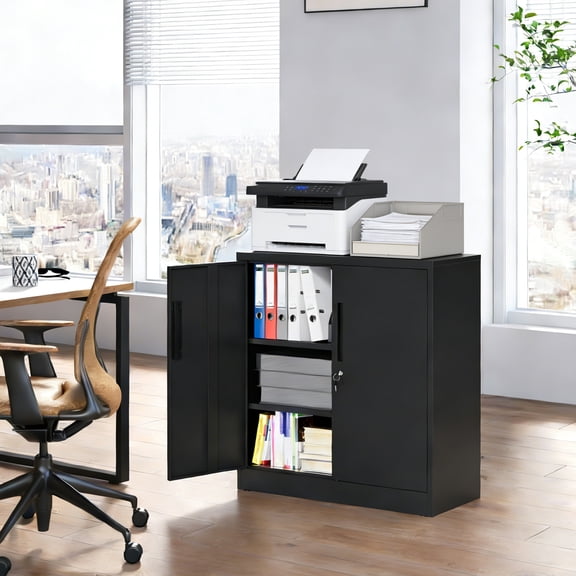 Black Metal Heavy-Duty Storage Cabinet File Cabinet with Lock 2-Door 2 Adjustable Shelves (150lb Each), for Home Office Garage School, 31.4"W x 15.7"D x 35.4"H