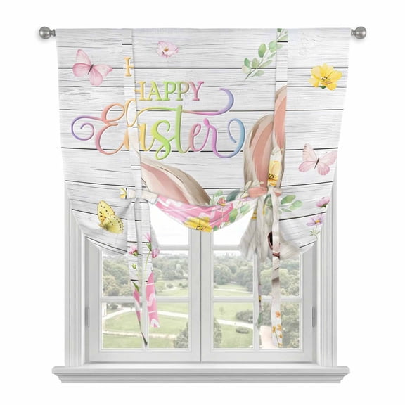 Happy Easter Tie Up Curtains 45 Inches Long, Kitchen Window Curtains Over Sink, Spring Easter Bunny Eggs Floral Gray Wooden Small Window Curtains Shade Balloon Curtains Valances for Bedroom 34"x45"
