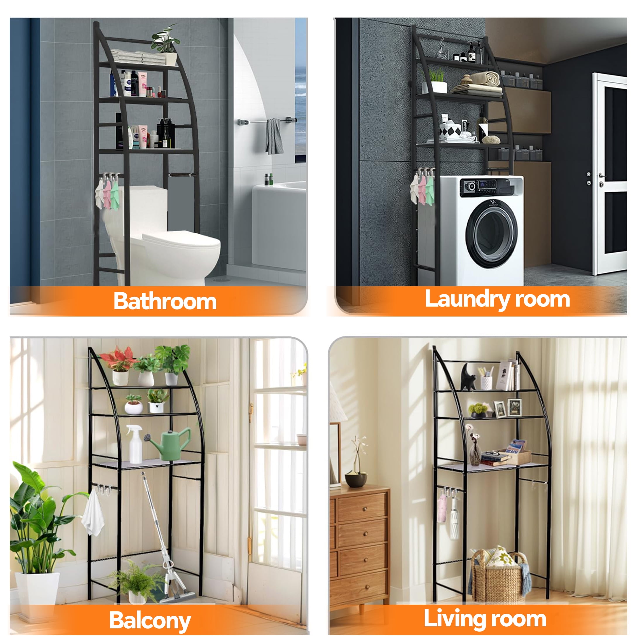 HIOHA 3-Tier Over Toilet Storage Rack with Toilet Paper Roll Holder & 4 Hooks, Steel Bathroom Space Saver Organizer, Black