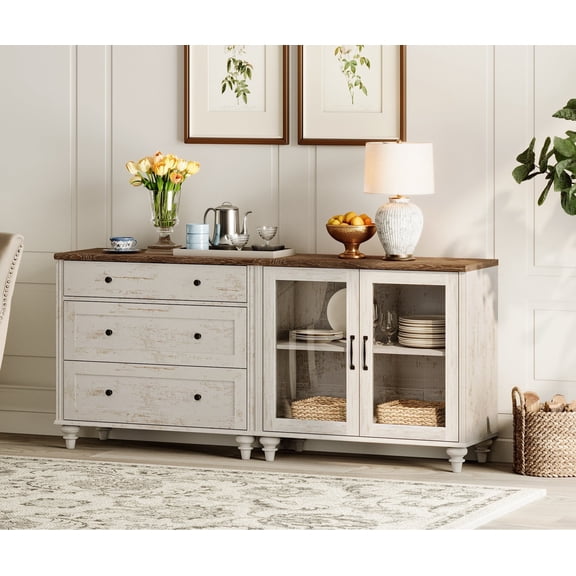 Farmhouse Sideboard Buffet Cabinets with Glass Doors, Modern Wooden Coffee Bar Tables with an Adjustable Shelf & 3 Drawers for Dining Room and Living Room, Rustic White