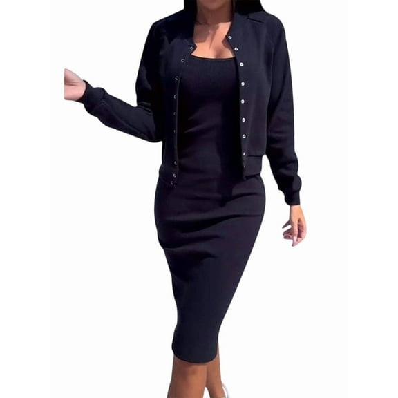 Women'S Casual 2 Piece Outfit Sleeveless Bodycon Midi Dress and Long Sleeve Jacket Pencil Dress Lounge Sets Black XL