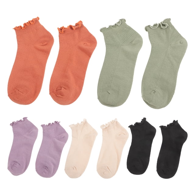 5 pares de calcetines tobilleros de algodón con volantes y puños vueltos para mujer (colores surtidos)