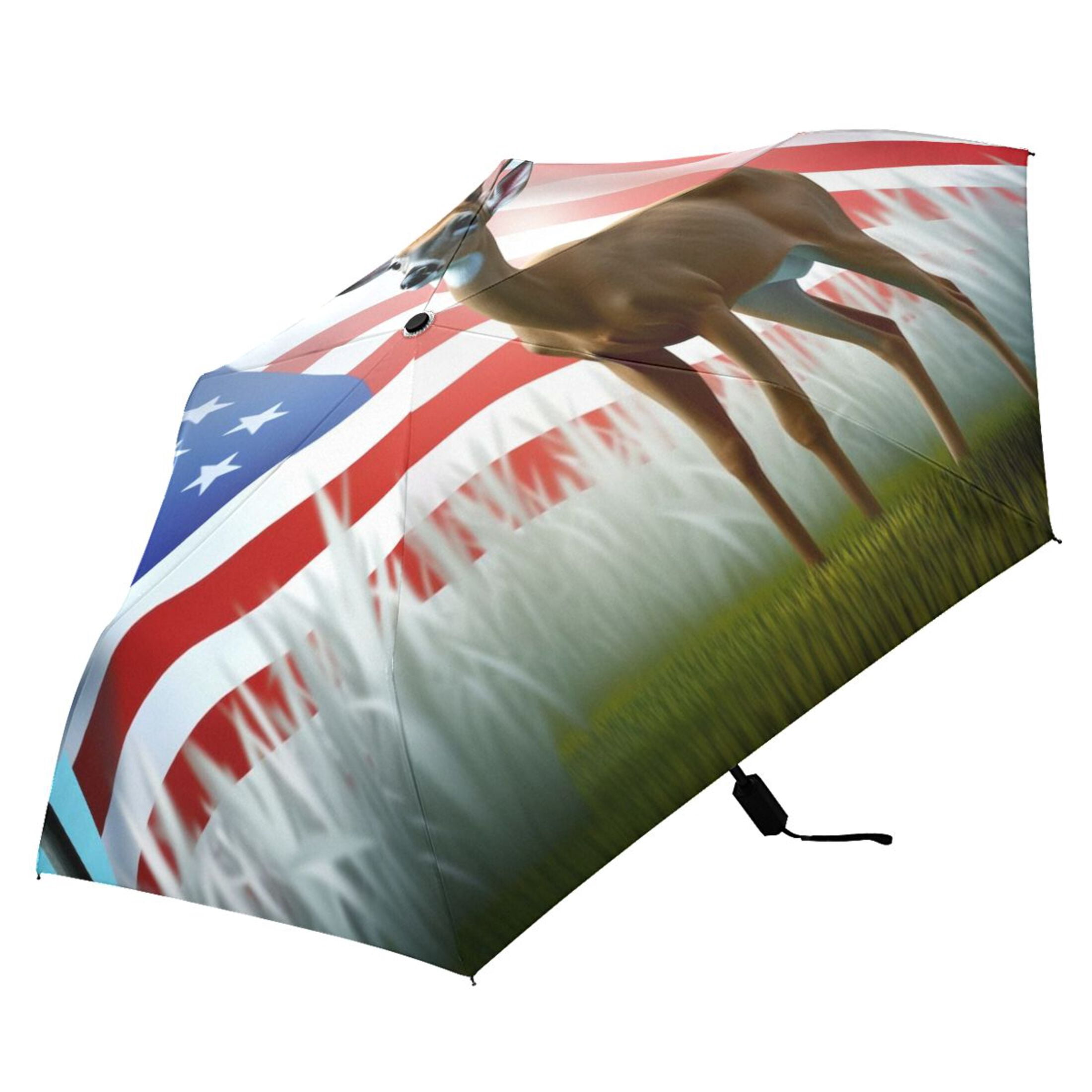 Deer and American Flag Compact Sun Umbrella Windproof Travel Umbrellas for Rain Strong Portable UV Protection