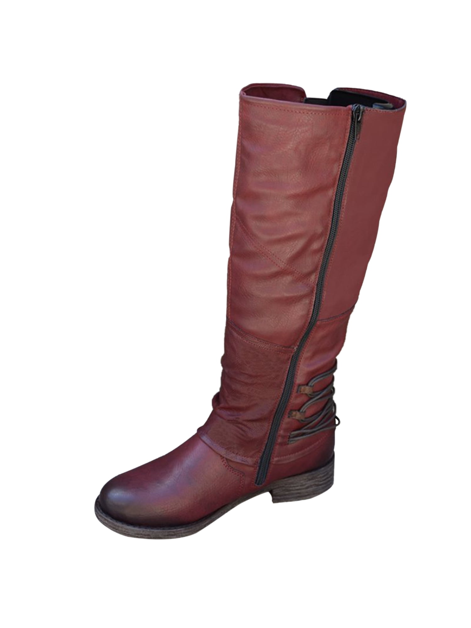 Simple Round Toe Buckle Strap Platform Low Stacked Boots Womens Dressy Knee High Boots with Zipper 