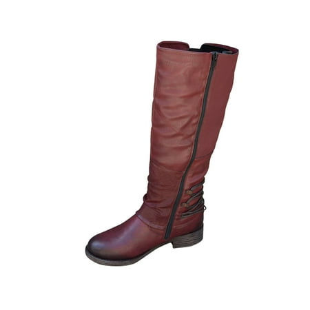 

SIMANLAN Women s Fashion Buckles Low Heel Round Toe Zipper Knee High Riding Boots
