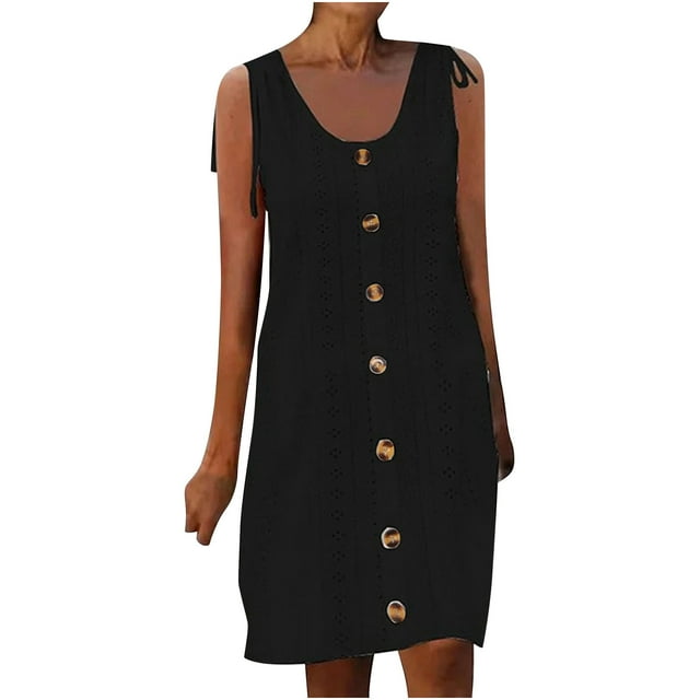 AherBiu Robes Grande Taille pour Femmes Robe Tunique Sans Manches à Boutons Col Rond Robes d'Été