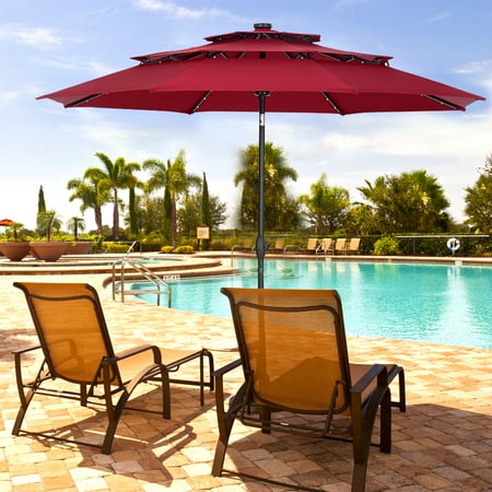 Ainfox 10Ft Outdoor Patio Multi-layered Roof Solar Powered Umbrella with 40 LED Lights 8 Sturdy Ribs  Table Market Umbrella with w/Tilt Adjustment and Crank for Garden Deck Backyard Pool(Red)