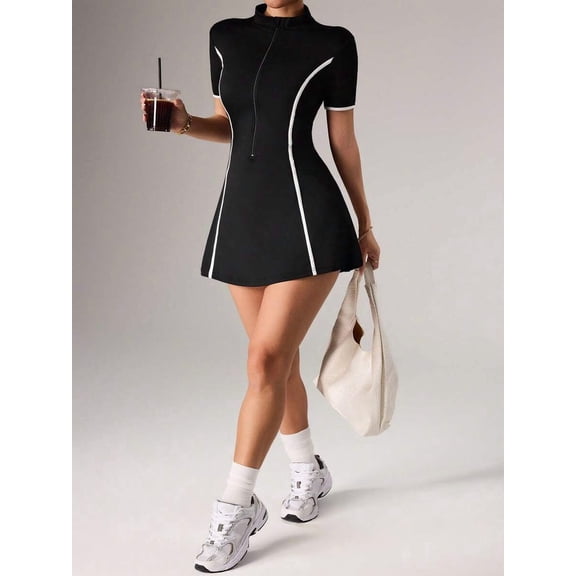 Black Seamless Sport Dress with Stand Collar, Zipper, White Piping, Short Sleeve Mini Dress for Workout, Yoga, Tennis, Casual