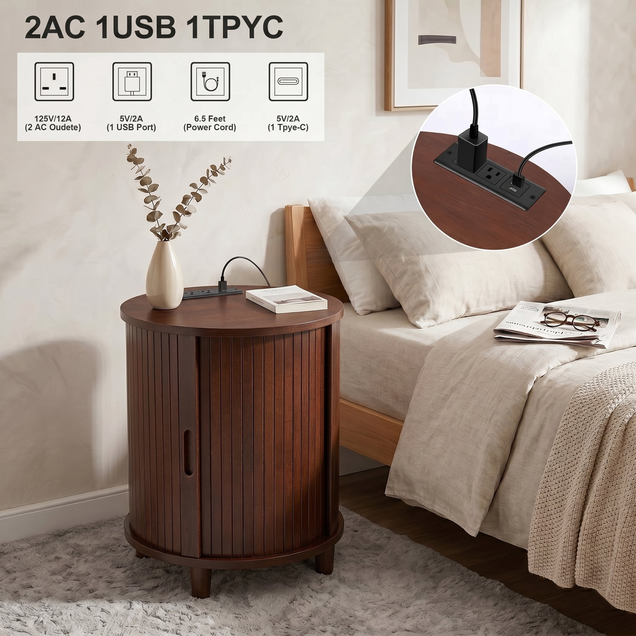 AISWORD Round End Table with Charging Station, Fluted Accent Side Table with Sliding Door and Adjustable Shelf, Nightstand for Small Space, Walnut