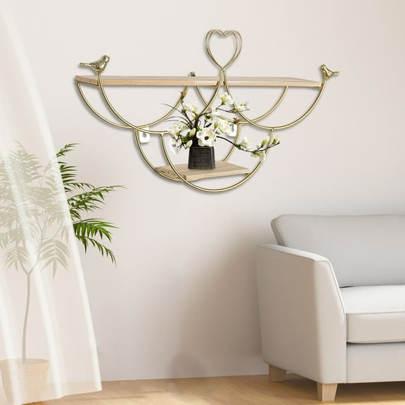 Wall Mounted Shelf with Lights, No Drill Floating Shelves for Living Room Storage, Metal Wall Decor with Hooks for Home Organization