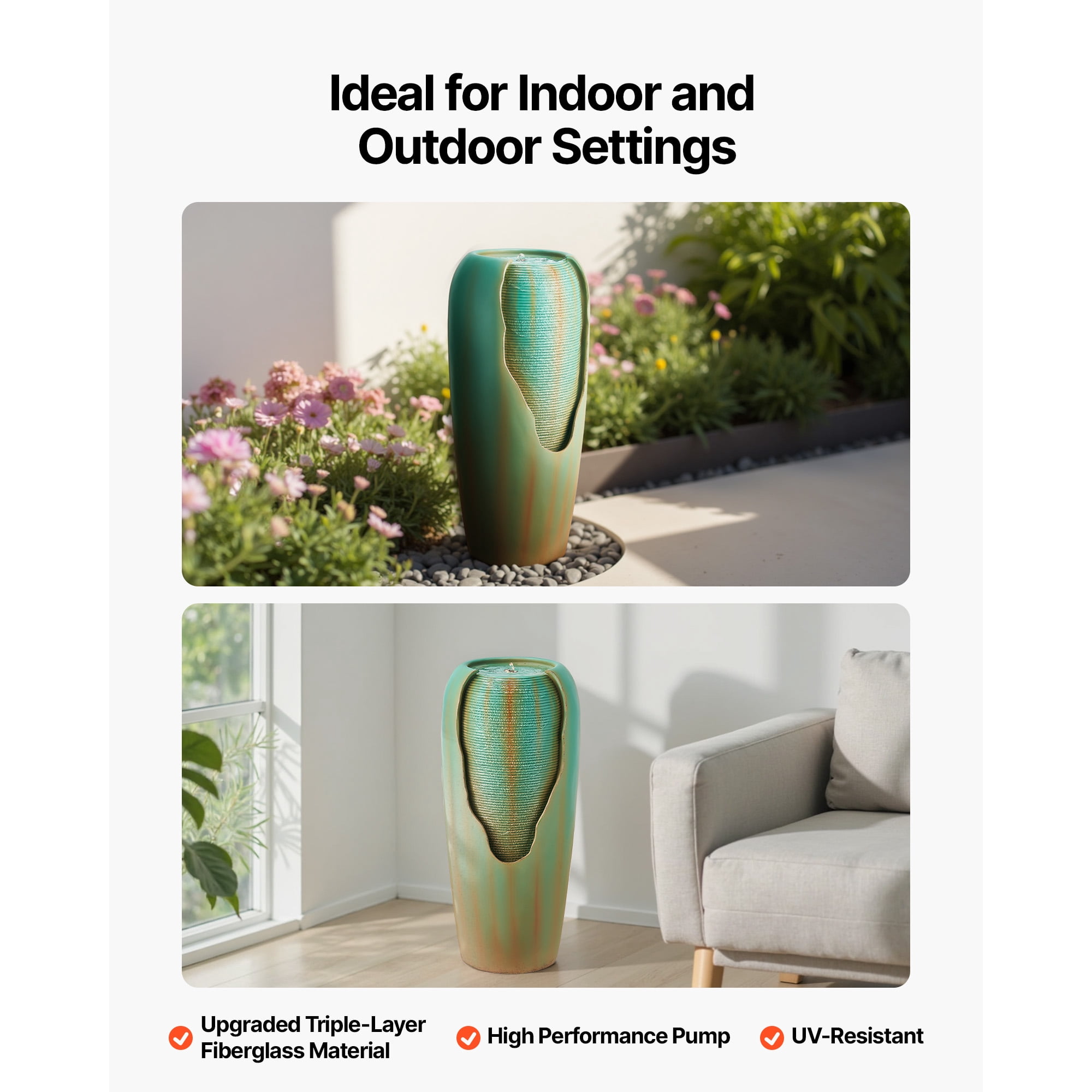 KFFKFF Outdoor Water Fountain, 30.71-Inch Tall Glazed Jar-Style with LED Light and Pump, 1-Tier Floor Standing Design for Garden, Patio, Yard, Home, and Indoor Spaces (Green)