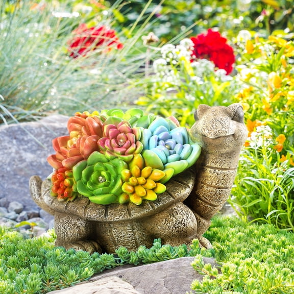 Solar Garden Outdoor Statues with Succulent and LED Lights - Lawn Decor Tortoise Statue for Patio, Balcony, Yard Ornament - Unique Housewarming Gifts