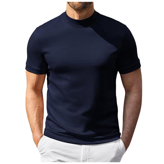 GEWSEY Mens Mock Turtleneck Shirts Casual Premium Cotton Short Sleeve Shirt Basic Half Neck T-Shirts (Dark Blue, M)