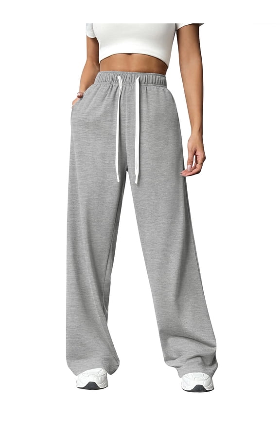 Sweatpants for Women Wide Leg Pants Fall Sweatpants with Pockets Elastic Waistband Comfy Pants Women Winter Lounge Pants Light Grey L