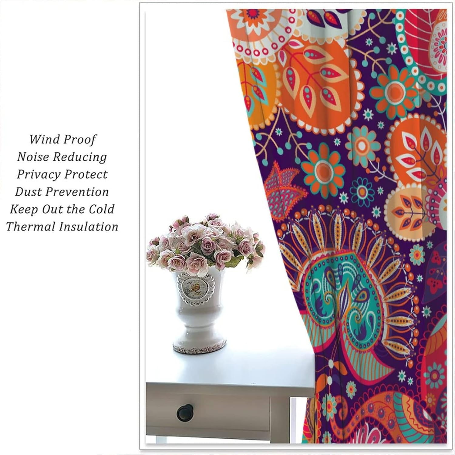 Boho Flower Curtains for Living Room, Vintage Paisley Floral Window Treament for Bedroom, Retro Bohemian Floral Print Blackout Drapes 2 Panel Sets,42x54 Inch