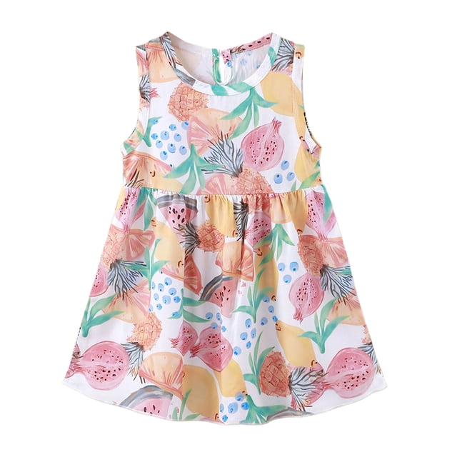 hengsof Robe Mignonne Imprimée Sans Manches pour Filles Été Coton Décontractée Col Rond Débardeur Confortable Polyvalente Robe pour Enfants