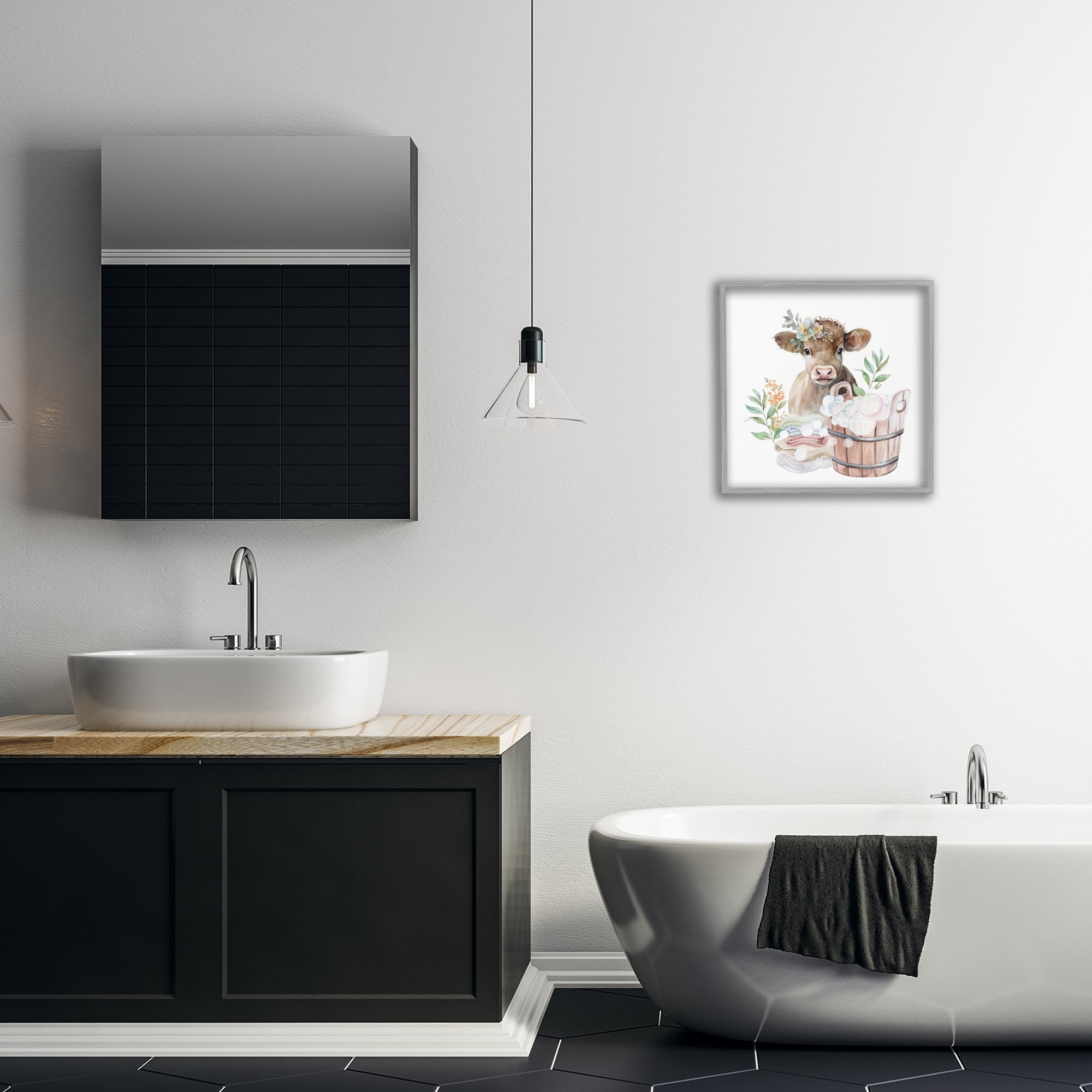 Laundry Day Baby Cow Gray Framed Giclee Art, design by Kim Allen