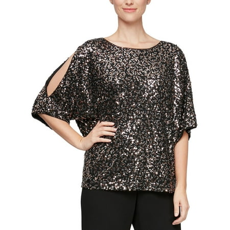 ALEX EVENINGS Women's Sequin Cold Shoulder Top Rust Copper B4HP (Regular,L)