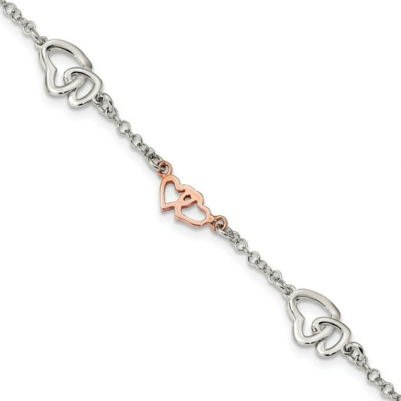 2.25mm Sterling Silver Rose Gold-Flashed Polished Heart Bracelet - 4.0 Grams - 7.5 Inch
